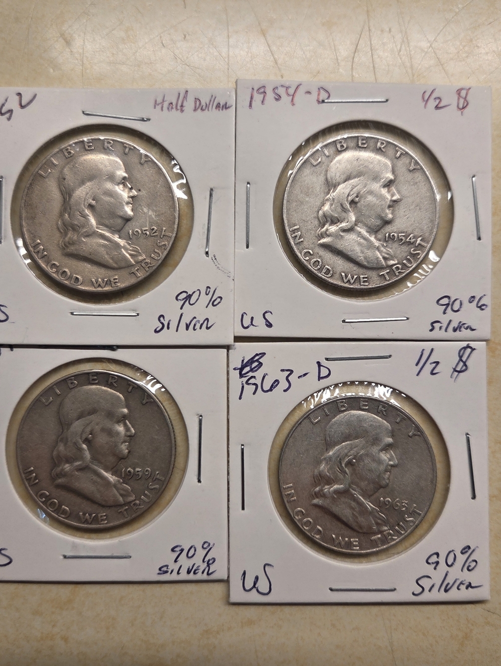 4 Franklin Half Dollars 1952 - 1963 - 90% Silver